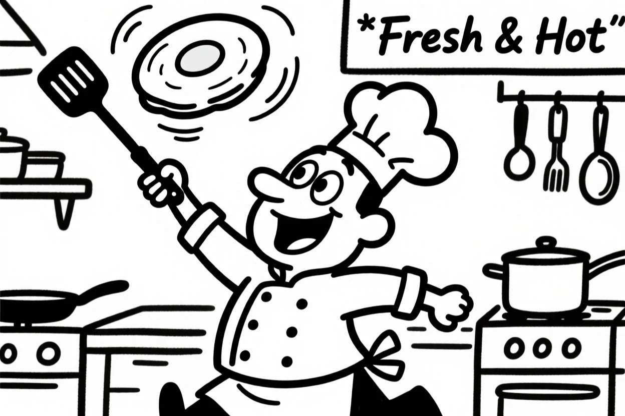 A chef flipping a pancake high in the air in a bustling restaurant kitchen.
