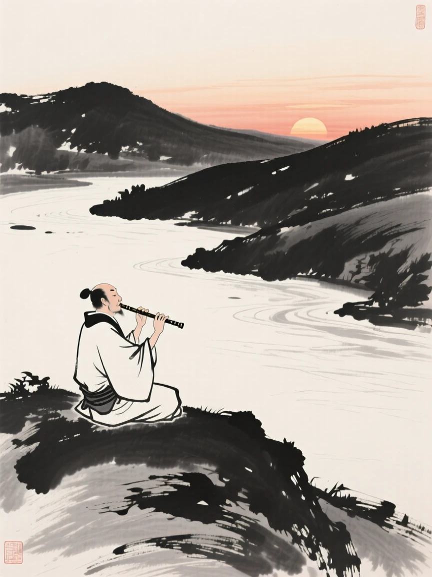 A musician playing a flute watching the sunset from a hillside beside a slow-moving river at sunset, captured mid-gesture in a candid, natural moment, conveying quiet devotion and simple contentment.