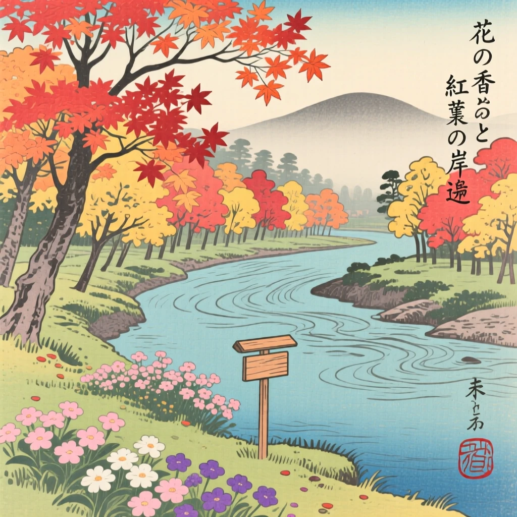 A maple-lined riverbank, filled with the scent of blooming flowers.