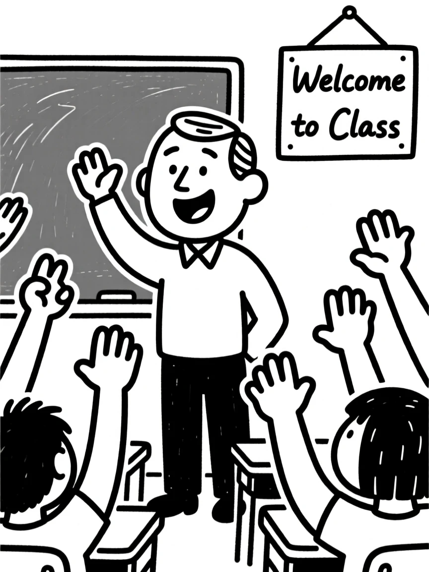 A teacher surrounded by eager raised hands in a colorful classroom.