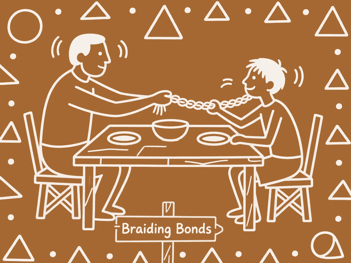 A father and his teenage son braiding each other's hair while chatting at a simple wooden dining table.