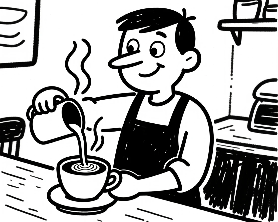 A barista carefully pouring latte art into a steaming cup at a cozy coffee shop.