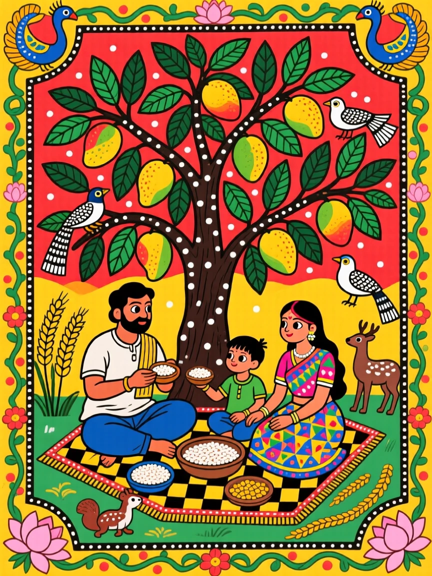 A farmer's family sharing a simple meal beneath a mango tree.