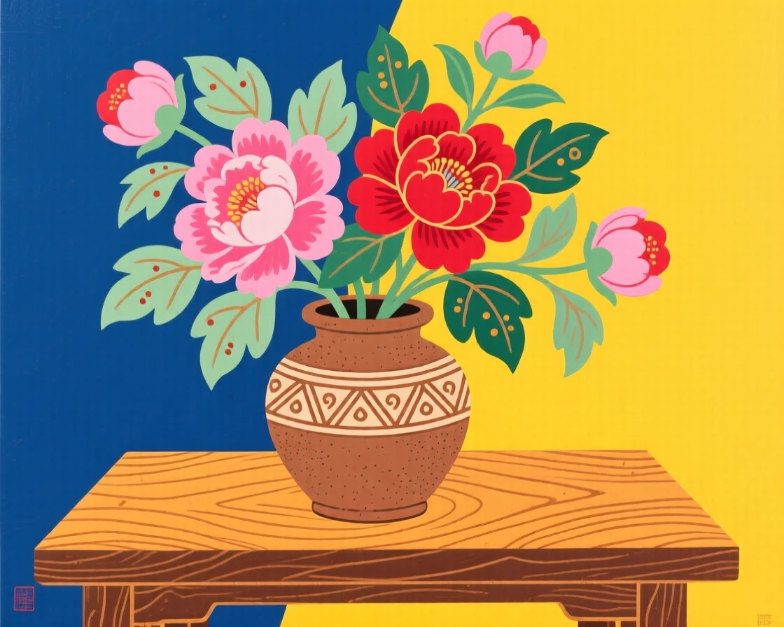 A still arrangement of peonies in full bloom in a rustic clay vase on a wooden table.