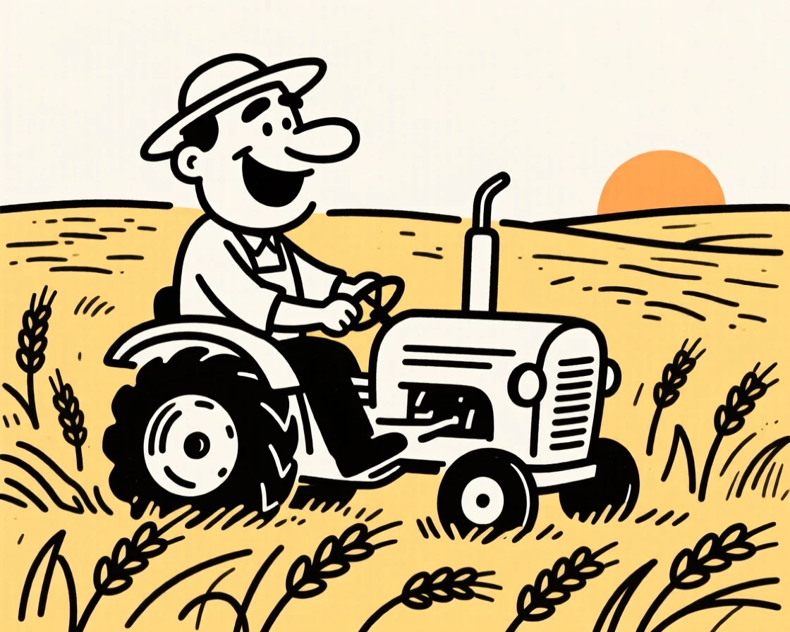 A farmer driving a tractor through a golden wheat field at sunset.