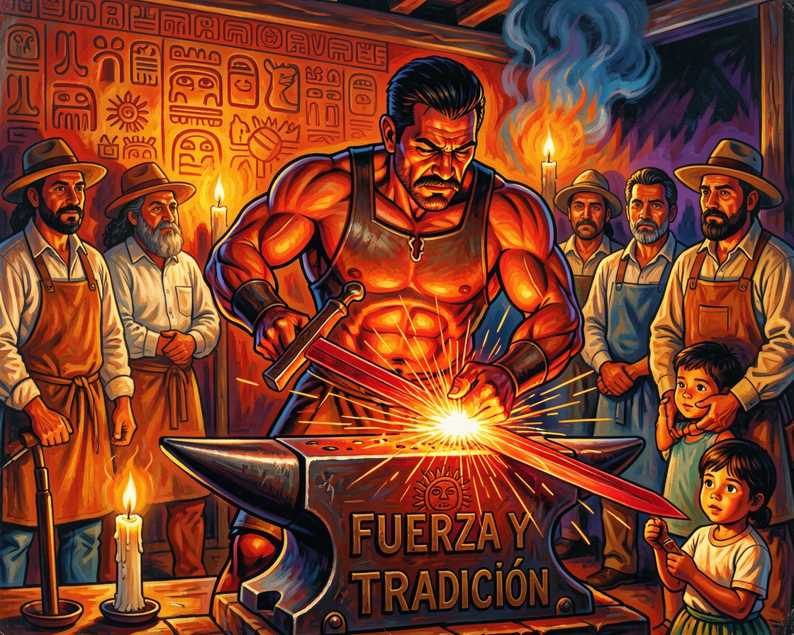 A medieval blacksmith forging a sword in candlelight