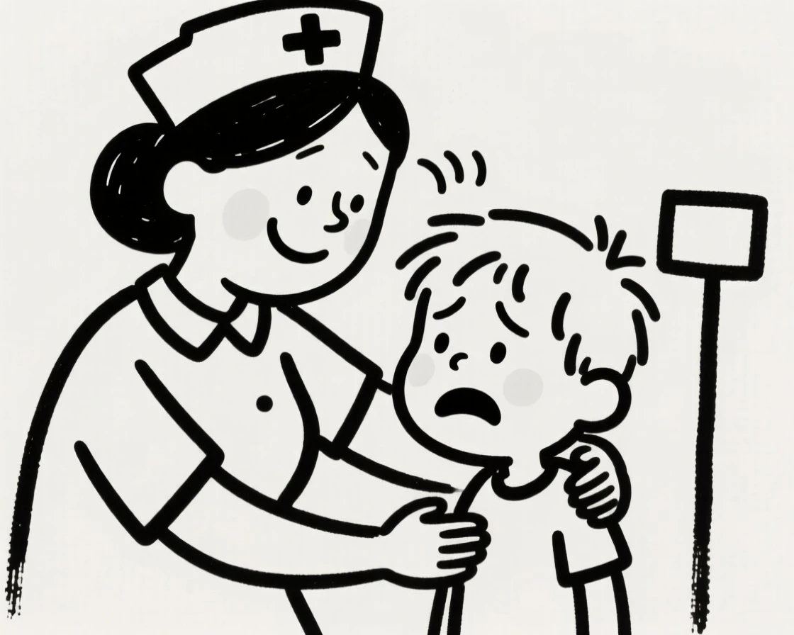 A nurse gently comforting a nervous child patient with a warm smile.