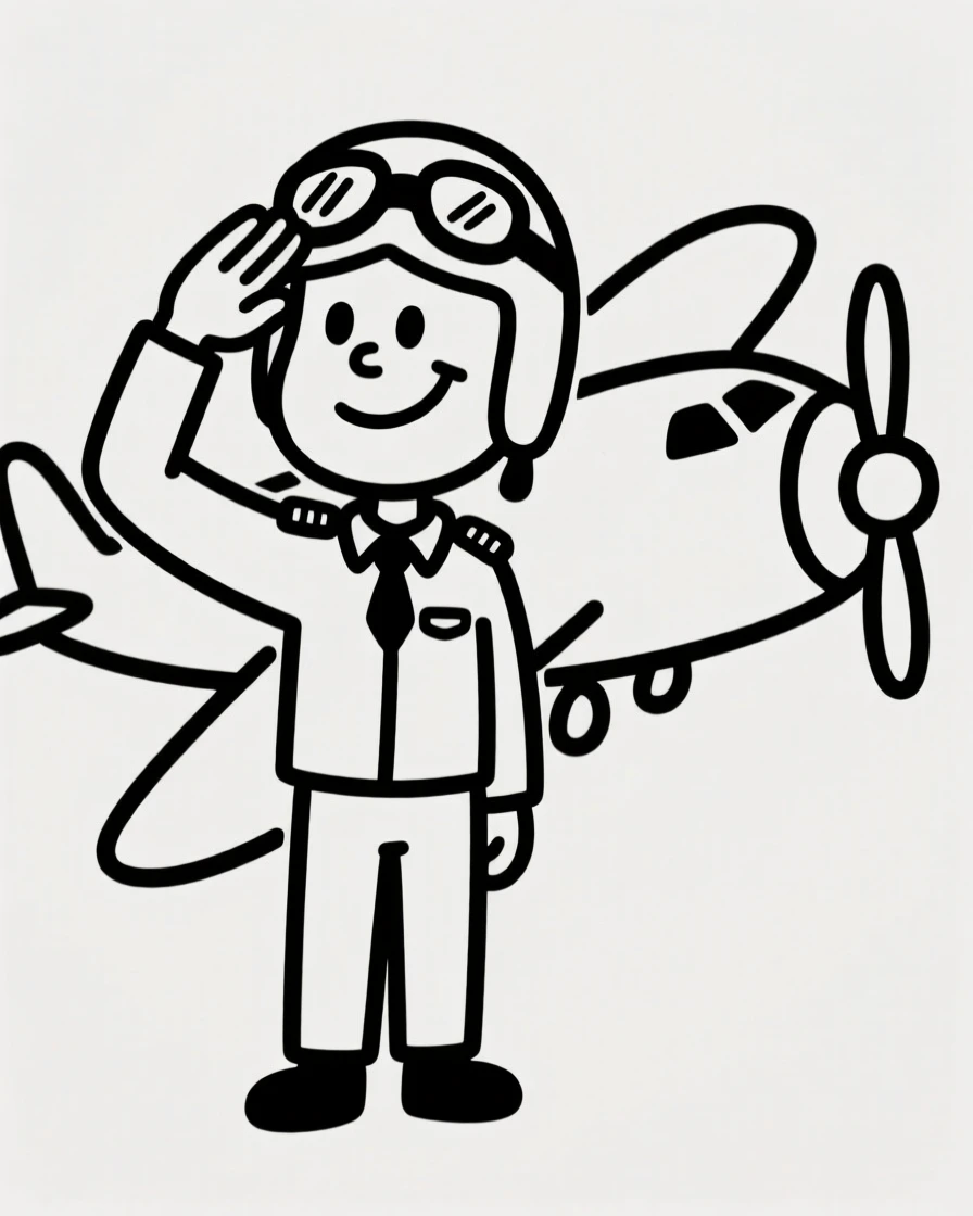 A pilot standing proudly in front of an airplane, giving a confident salute.