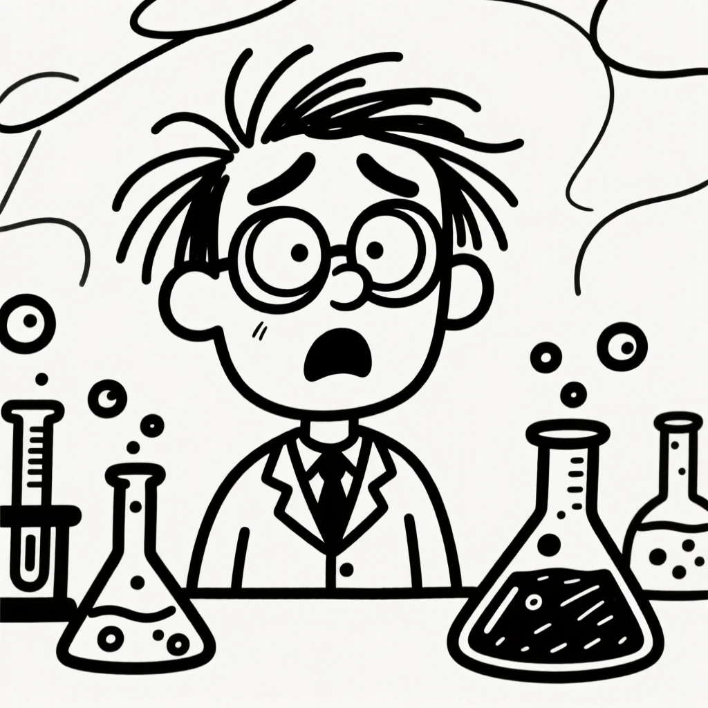 A scientist surrounded by bubbling beakers, hair frazzled from an experiment gone slightly wrong.