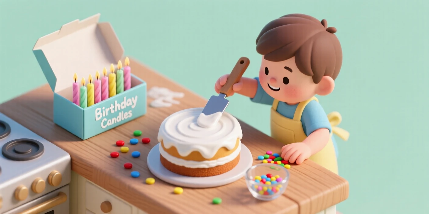 A home baking scene with a birthday cake being frosted, sprinkles scattered on the counter, candles waiting in a box, and a child eager to help.