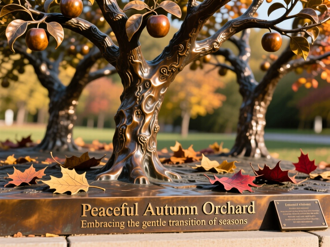 A peaceful autumn orchard scattered with fallen leaves, with dramatic natural lighting and rich color, offering a breathtaking sense of place