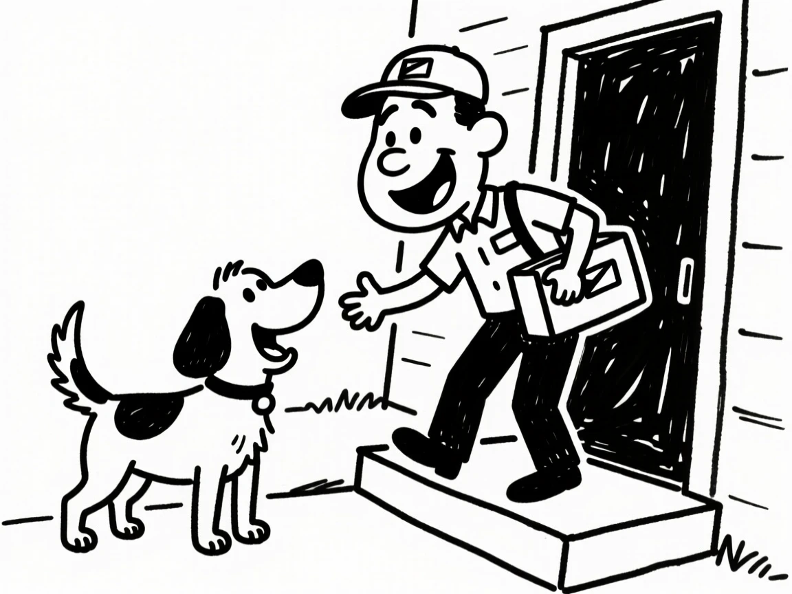 A mail carrier being greeted enthusiastically by a wagging dog at a front porch.