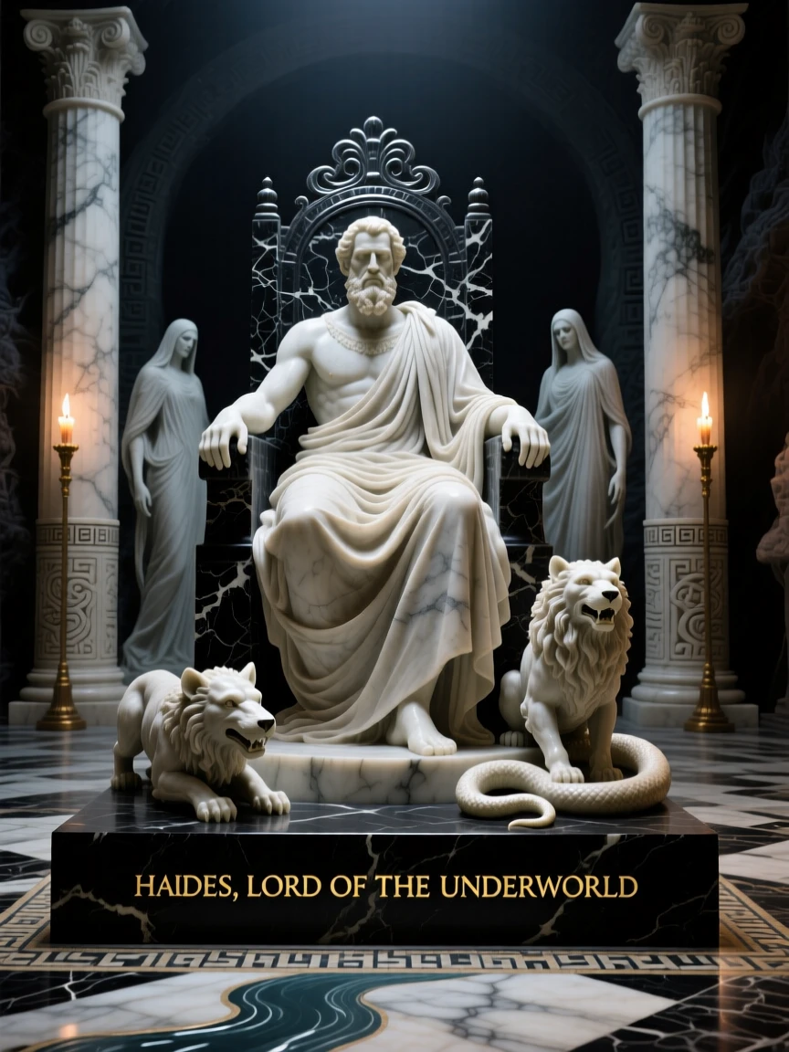 An epic scene of Hades enthroned in a shadowy underworld hall, with mythical creatures gathered nearby, evoking myth and grandeur