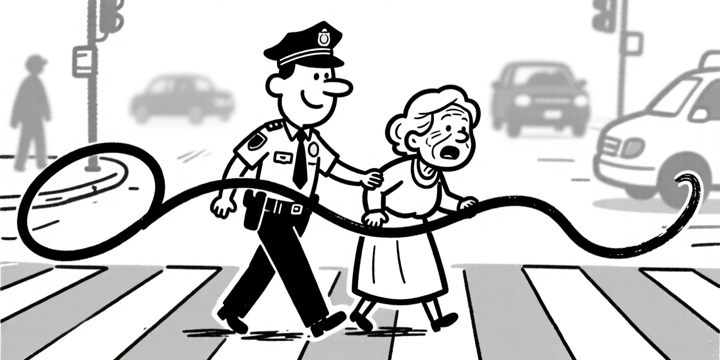 A police officer helping an elderly woman cross a busy street.