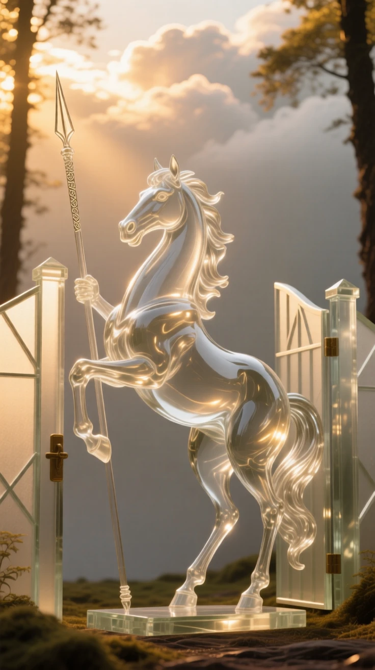 A centaur standing guard at a forest gate at golden hour with warm rays breaking through the clouds, epic scale composition, inspiring a sense of wonder and hope.