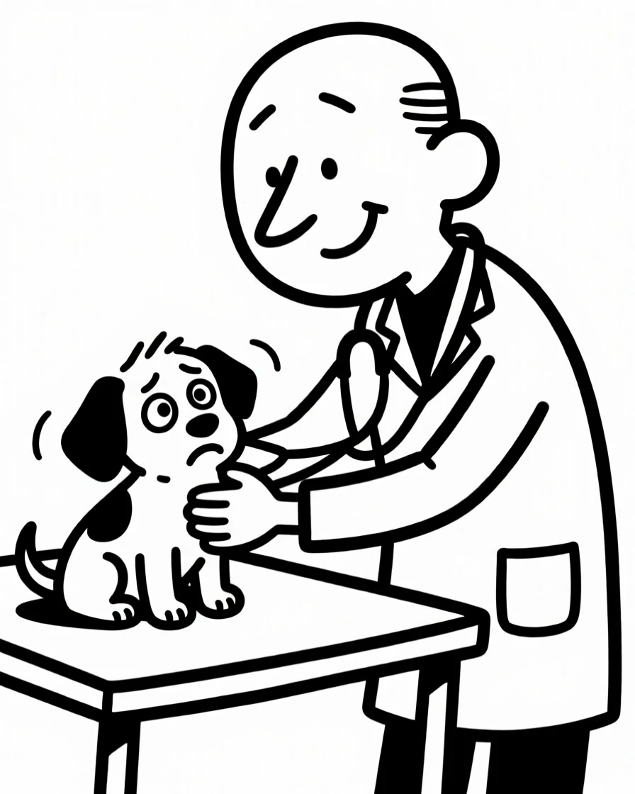 A veterinarian examining a nervous puppy on an exam table with a gentle smile.