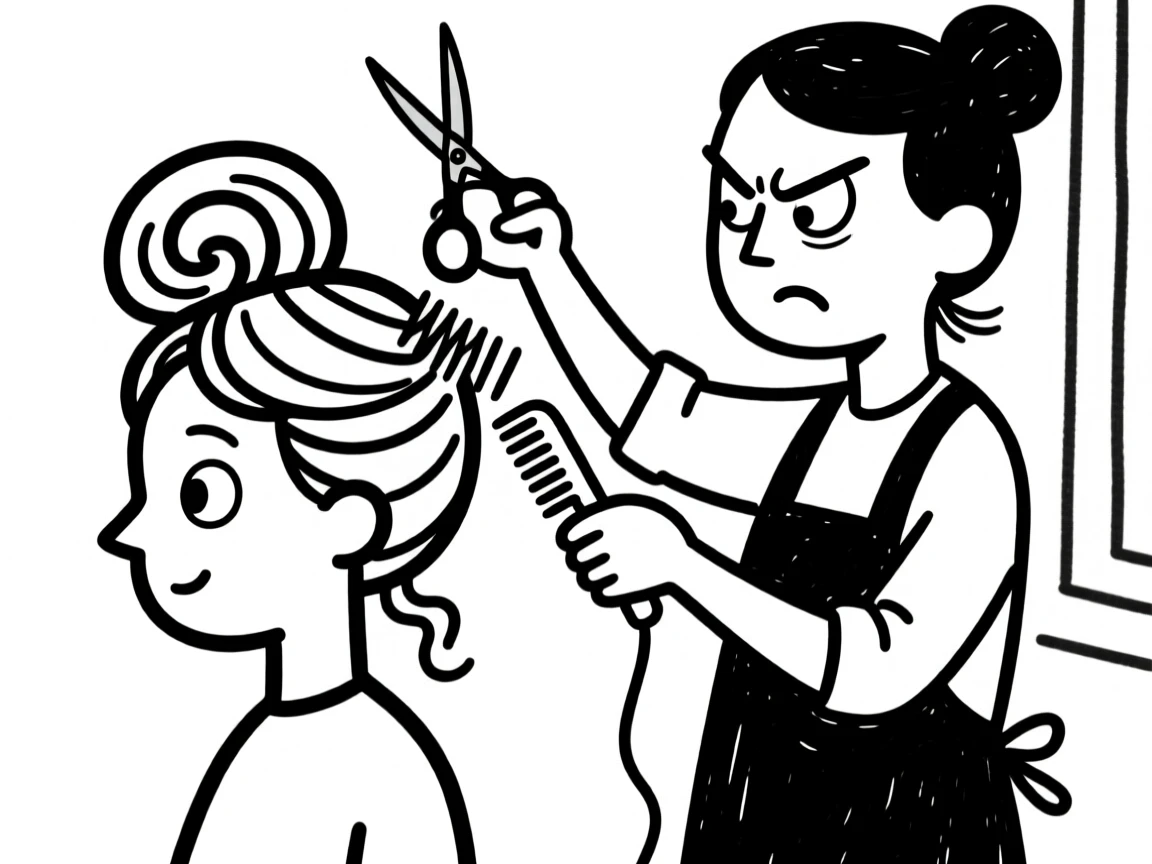 A hairdresser styling a client's hair into an elaborate updo, scissors and comb in hand.
