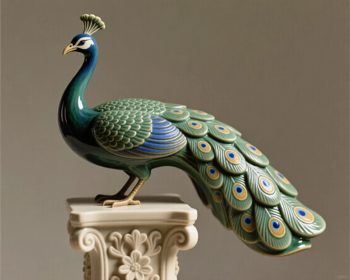 A stylized peacock with an elaborately fanned tail posed elegantly atop a decorative pedestal, framed by soft ambient lighting, stirring a sense of understated opulence.