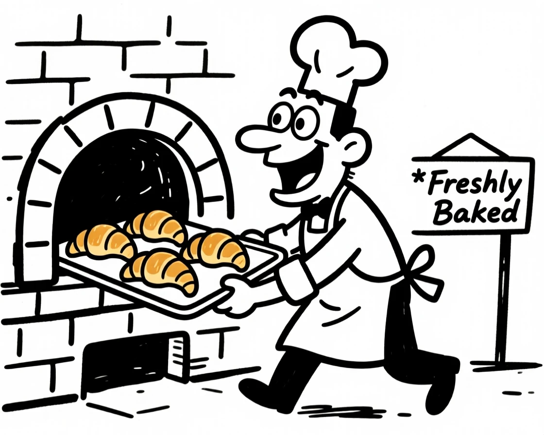 A baker pulling a tray of golden croissants out of a brick oven.