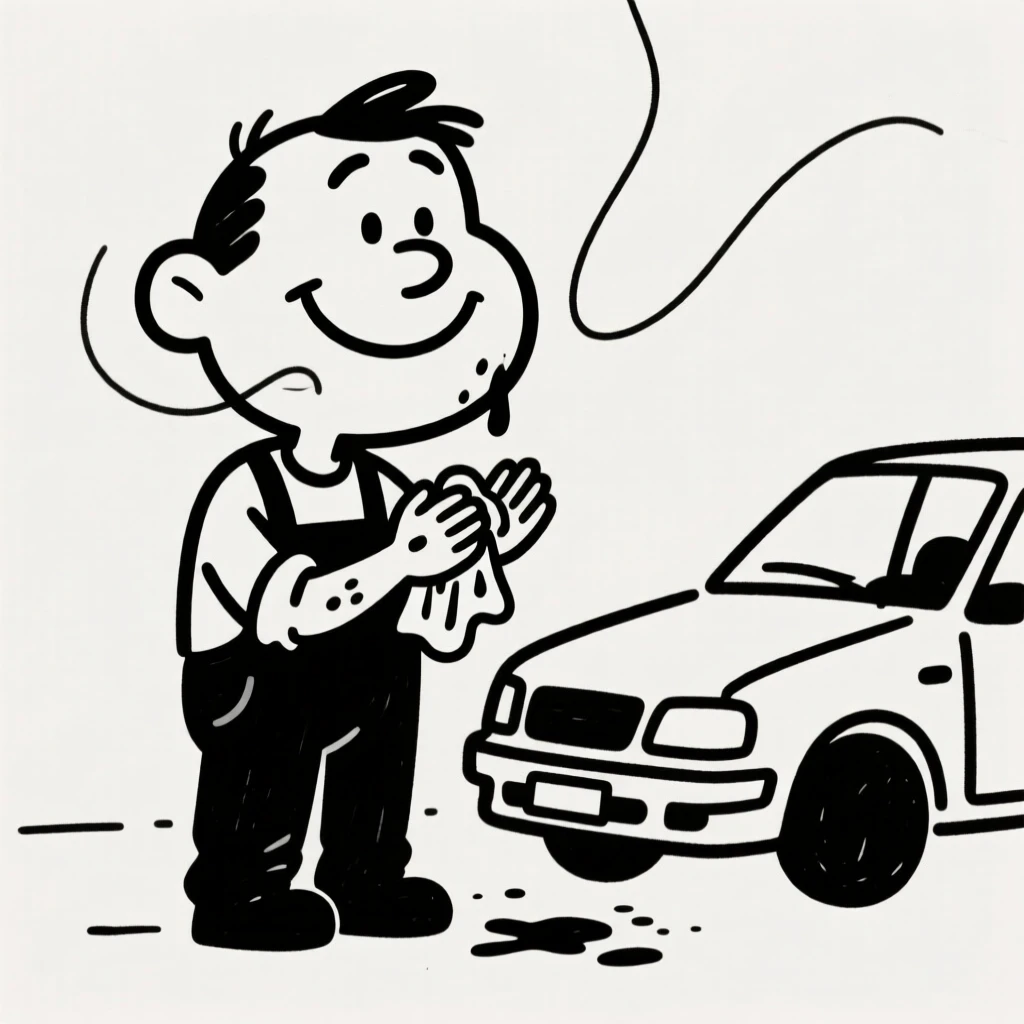 A mechanic wiping grease off their hands with a satisfied grin next to a fixed car.