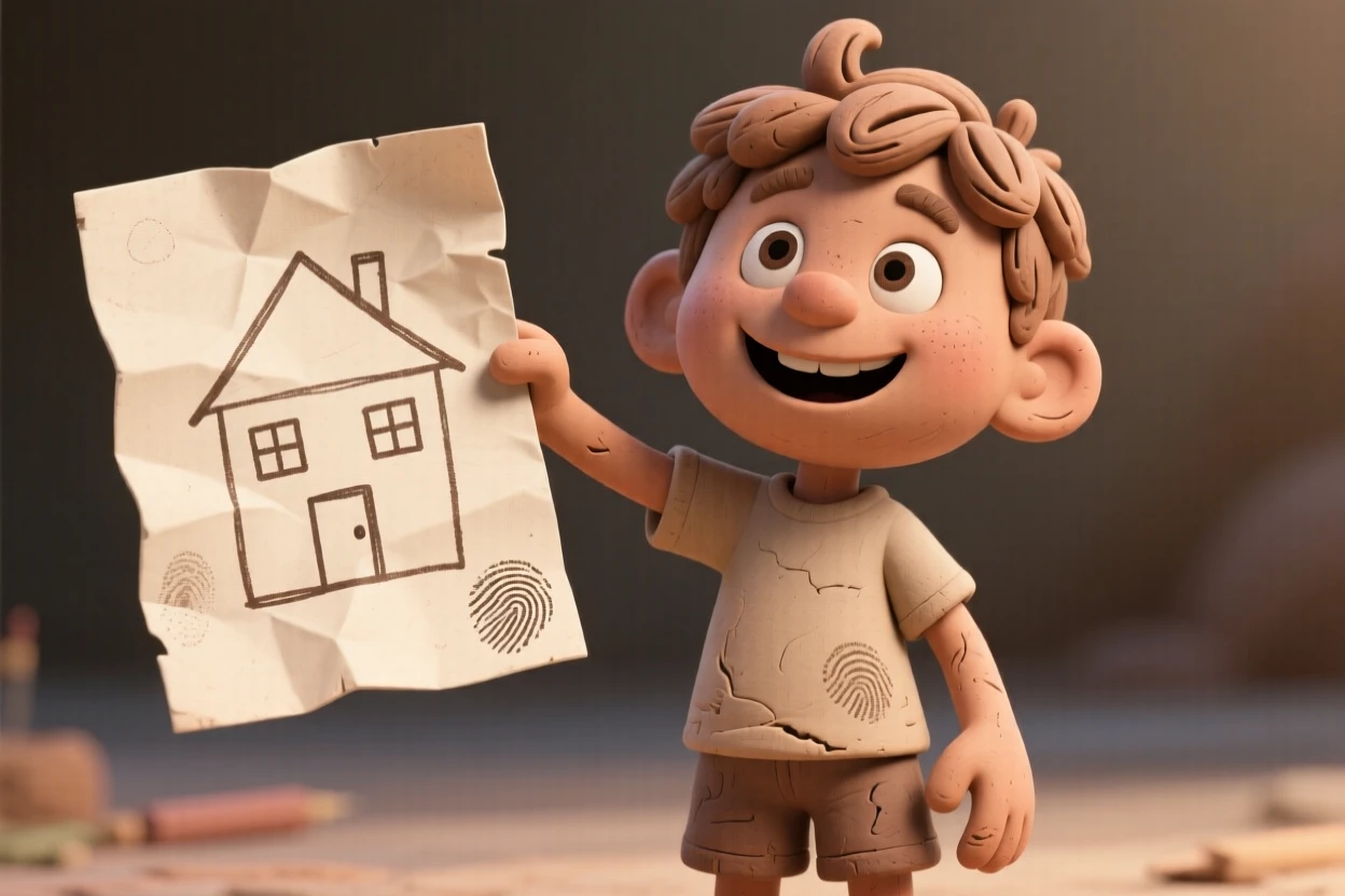 A little boy proudly showing off a wobbly first drawing