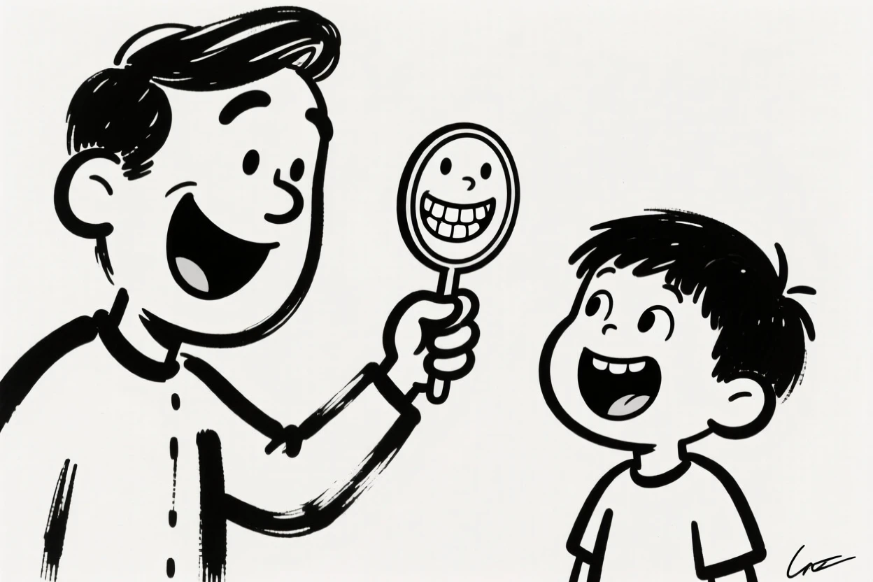 A dentist holding up a mirror to show a kid patient their newly cleaned teeth.