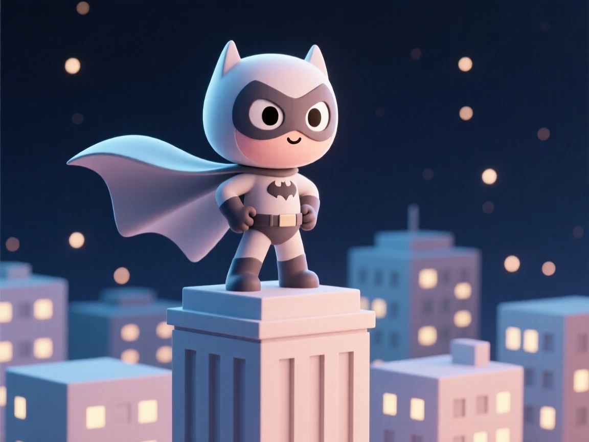 A masked hero in a flowing cape strikes a bold pose atop a skyscraper, city lights twinkling far below at night.