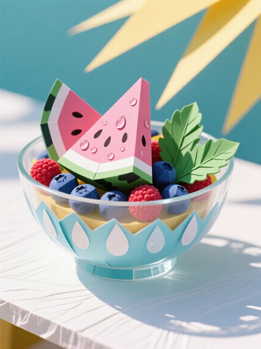 A refreshing summer fruit salad in a glass bowl with watermelon, mint, and berries, condensation forming on the glass in bright sunlight, evoking cool summer refreshment.