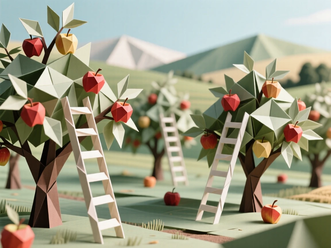 A quiet countryside orchard heavy with ripe apples, ladders leaning against the trees.
