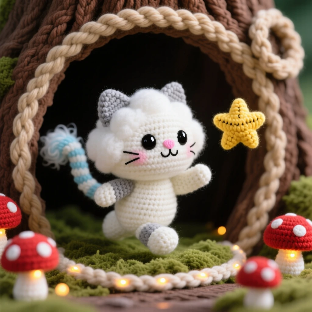 a round baby cloud cat, with a fluffy misty tail, chasing a floating star across the sky, within a cozy hollow inside a giant tree trunk, near a ring of softly glowing toadstools, radiating a warm, protective tenderness.