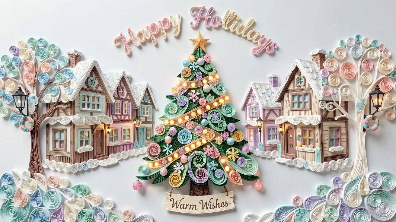 A festive holiday scene of a decorated Christmas tree glowing with warm lights in a snow-covered village square, in bright cheerful pastel spring colors, arranged symmetrically for a balanced festive feel.