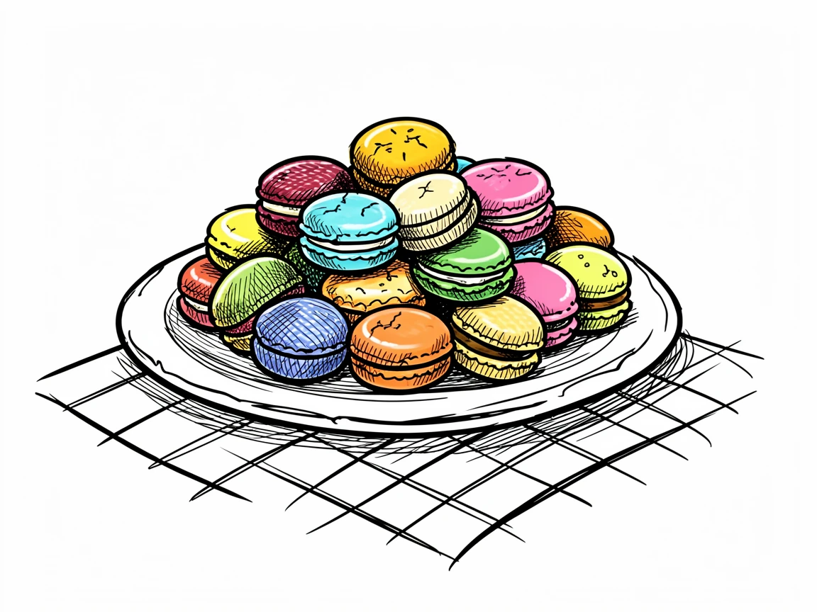 A plate of colorful macarons set on a checkered tablecloth.