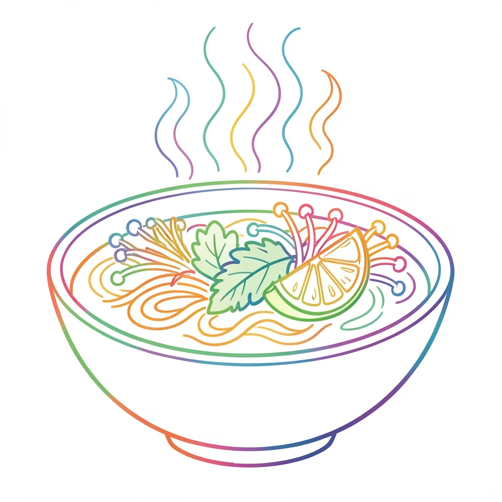 A steaming bowl of pho with fresh herbs, lime, and bean sprouts on the side.