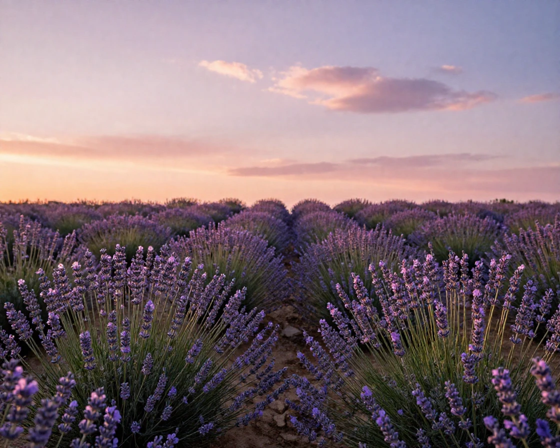 A field of lavender in full bloom under a pastel sunset