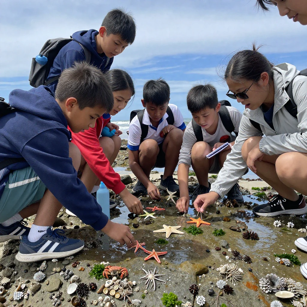 A group of children examines tide pool creatures during a school field trip.