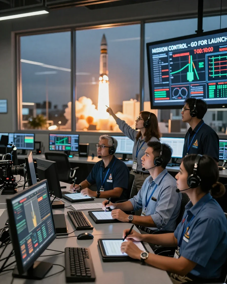 A team of engineers watching a rocket launch from a control room