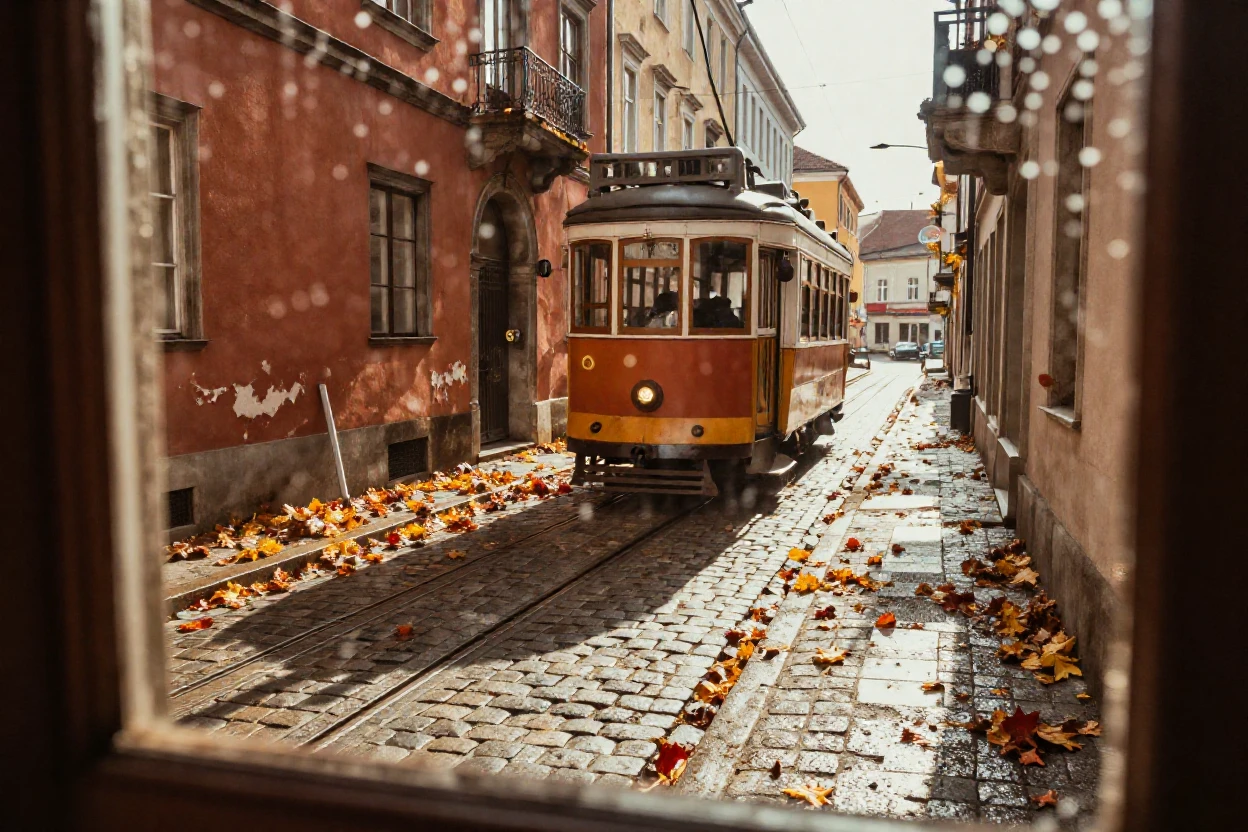 A tram rattling down cobbled streets in an old European quarter, under harsh midday sun, in still, windless air, as autumn leaves turn gold and red, in earthy terracotta and ochre shades, through a rain-streaked window.