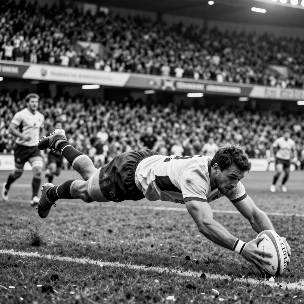 A rugby player dives to score in the final seconds before a roaring stadium crowd.