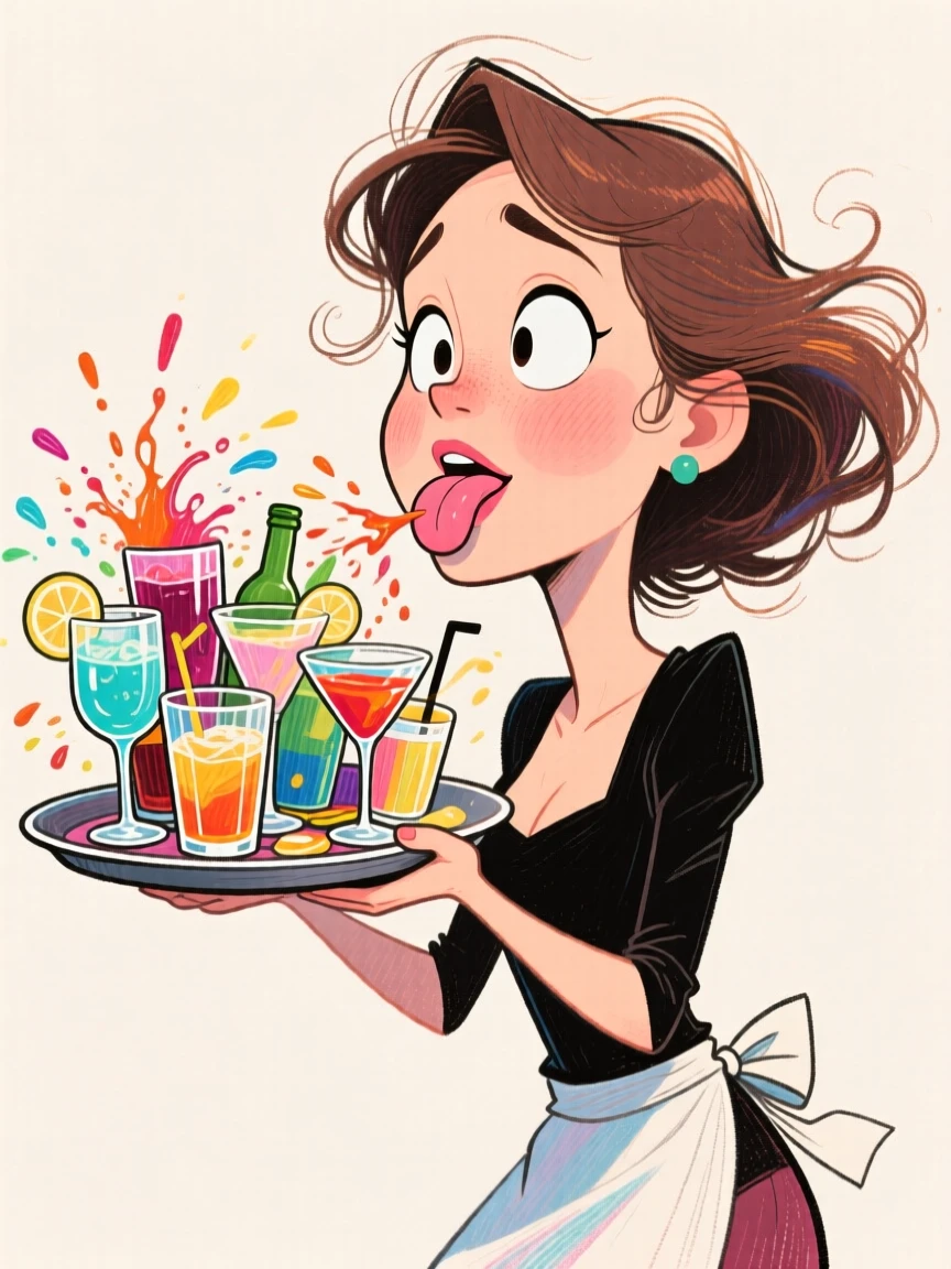 A woman balancing an overflowing tray of drinks, tongue sticking out in concentration.
