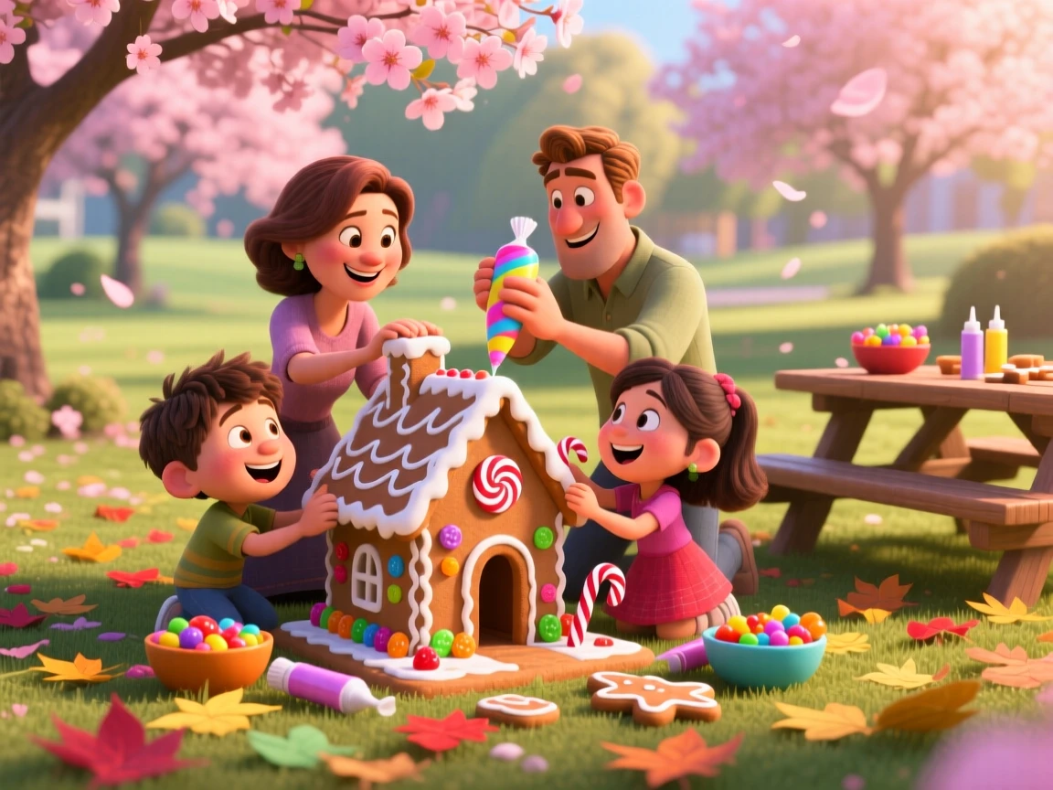 A family building a gingerbread house together happens in a park filled with cherry blossoms, with colorful fallen leaves scattered underfoot. A bright, merry energy fills the entire scene.