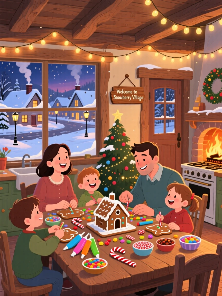 A family gathered together spend the evening decorating gingerbread houses at the kitchen table in a snow-covered town square, with fresh snow blanketing the rooftops.