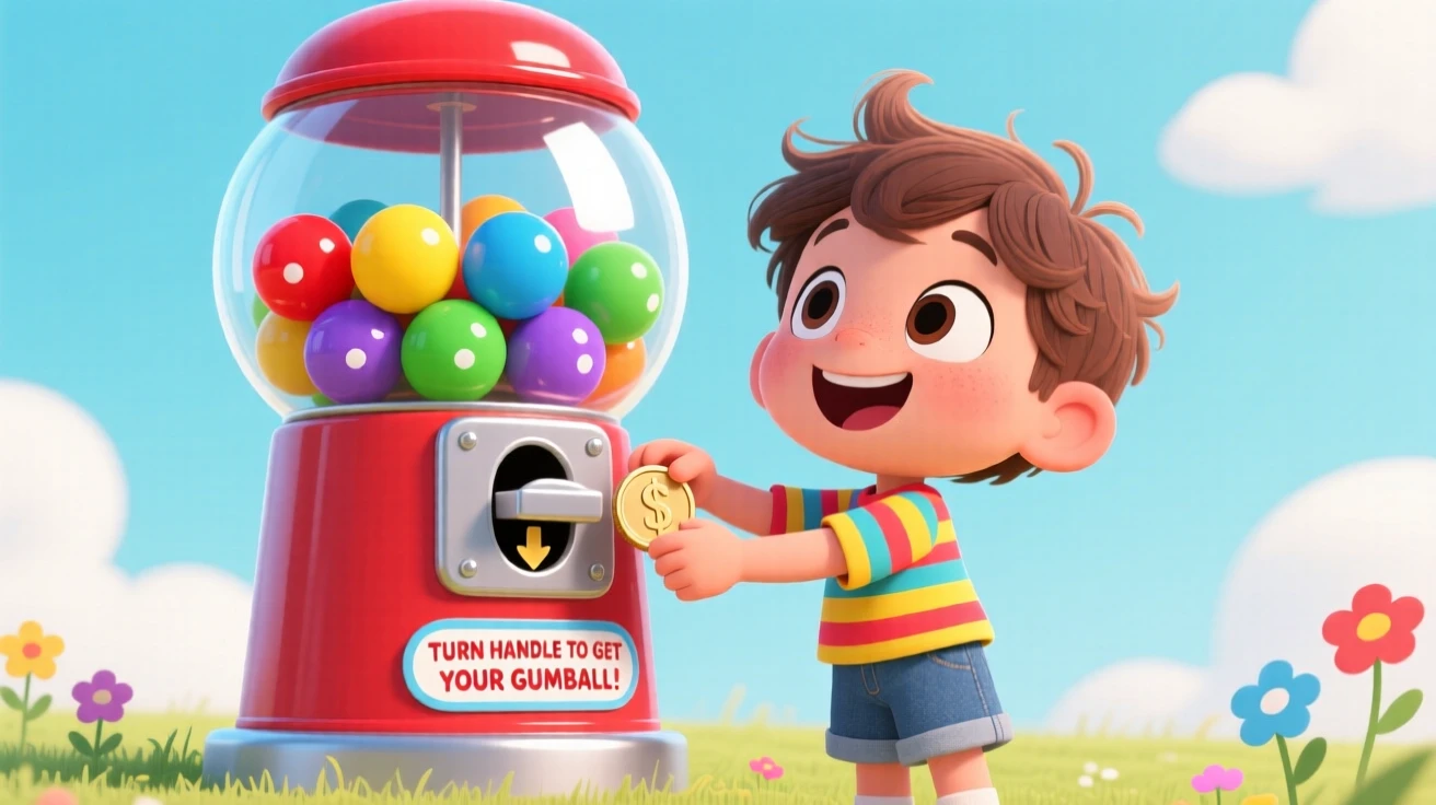 A child feeding coins into a gumball machine.