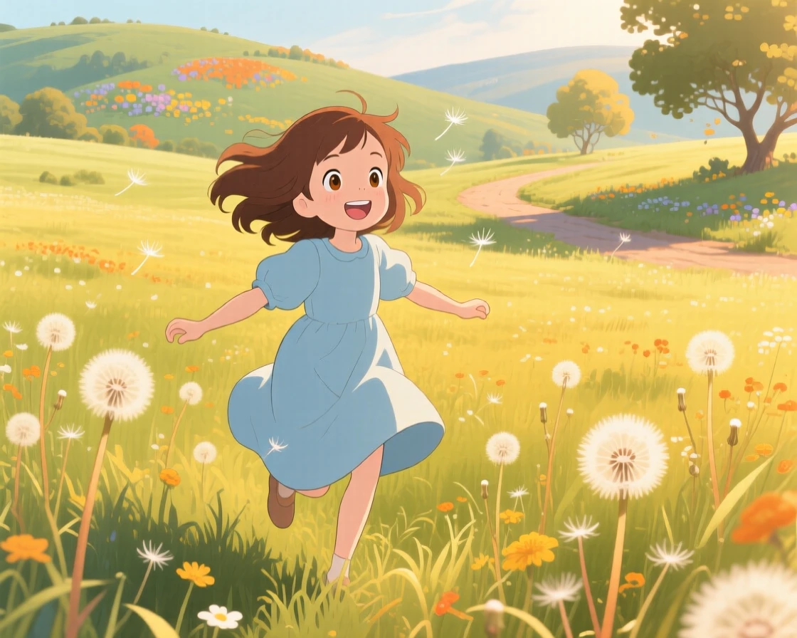 A girl twirling in a field of dandelions, the moment warmly nostalgic.