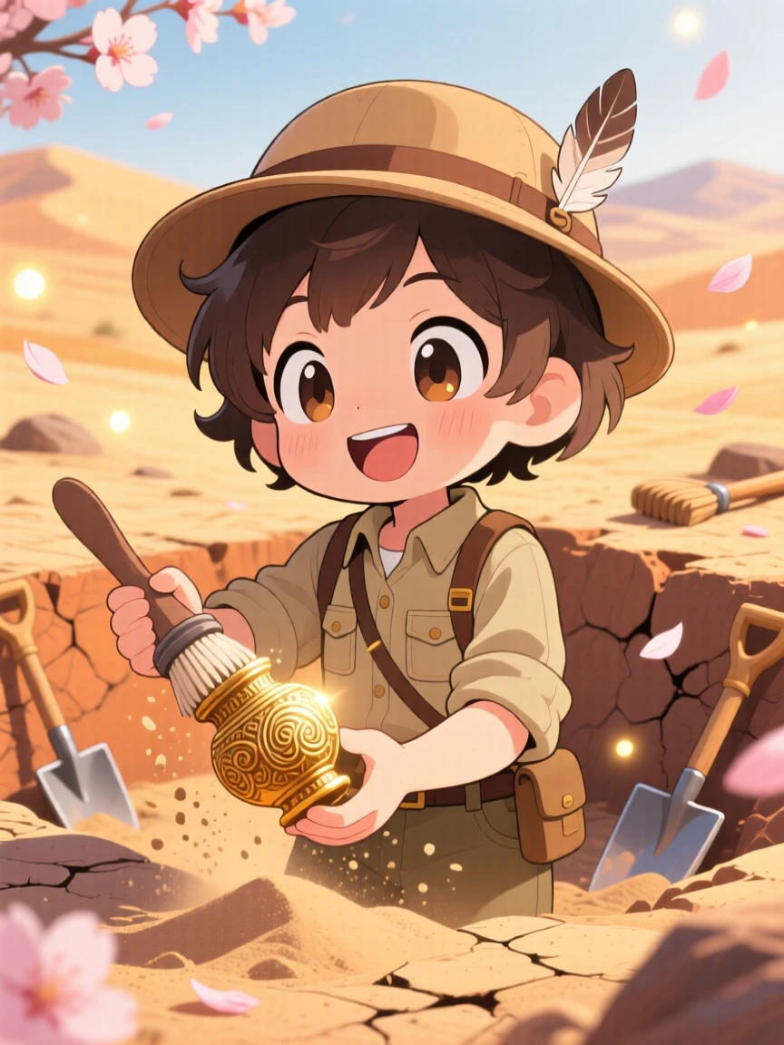 Waist-up portrait: a brave archaeologist, brushing sand off an ancient golden artifact, set against a sun-baked desert dig site as cherry blossom petals drift on the breeze, with warm fairy-light glow and a mood of bubbly enthusiasm.