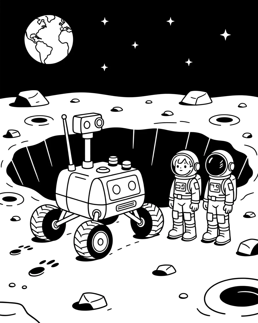 A moon rover exploring a crater on the lunar surface