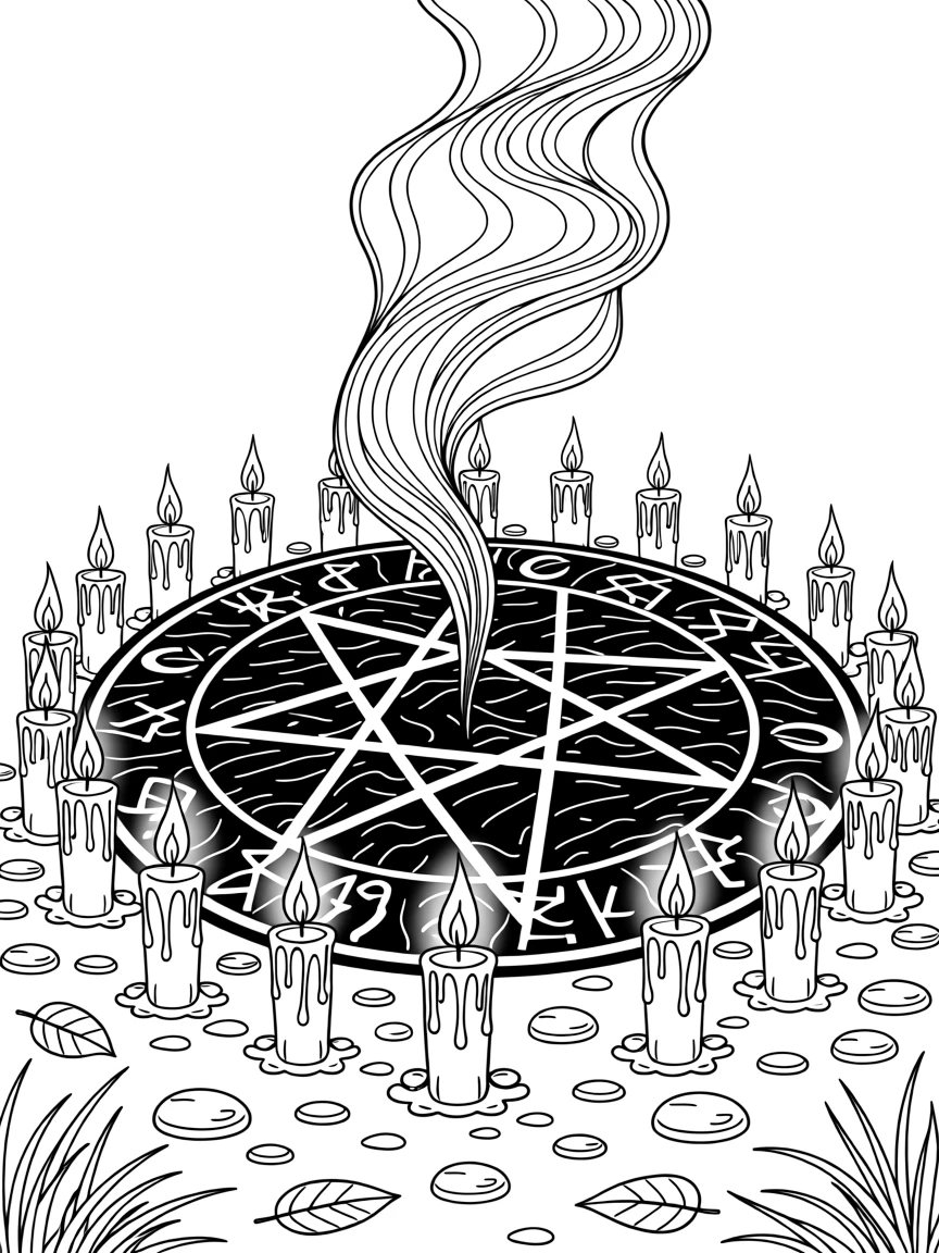 A pentagram drawn in chalk surrounded by lit candles, with wisps of glowing spirit energy floating around.