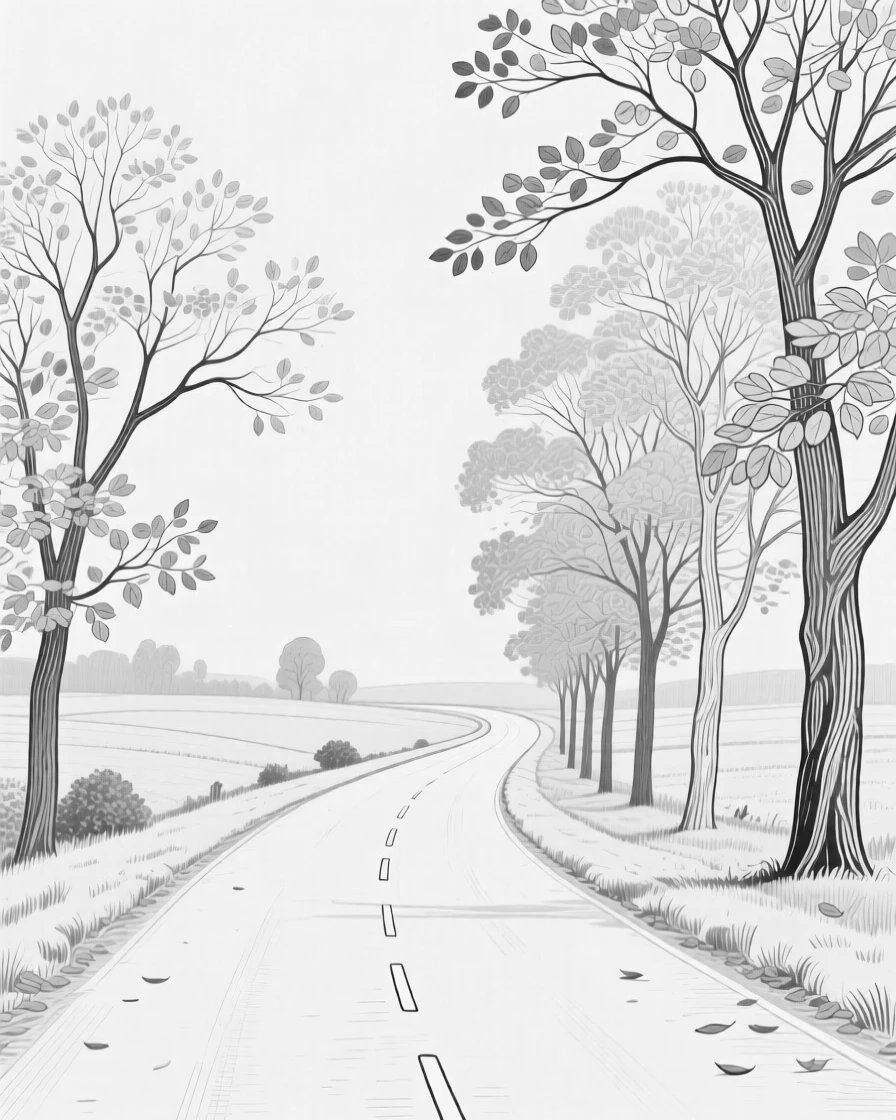 A quiet countryside road lined with autumn trees