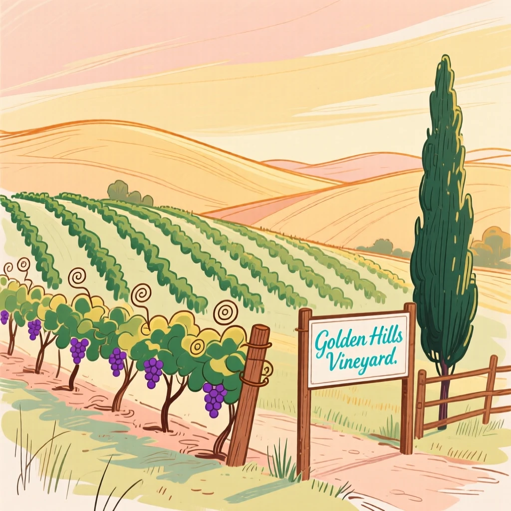 A vineyard on rolling hills at golden hour.