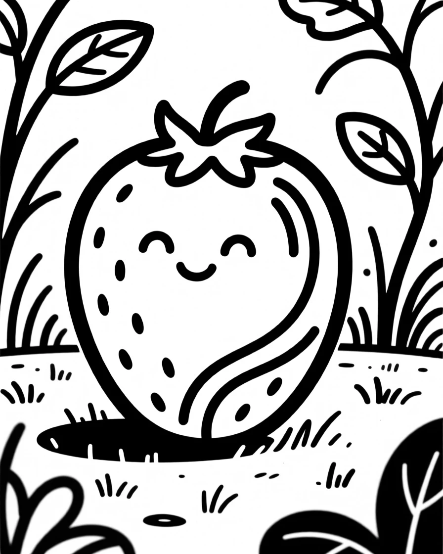 A round strawberry-shaped creature with a shy smiling face in a garden.