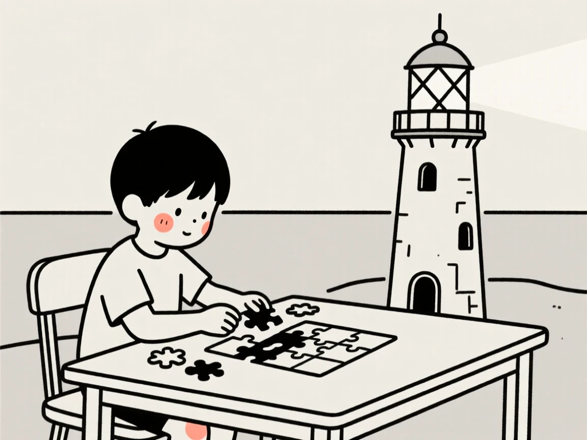 A young boy assembling a jigsaw puzzle at the table, beside an old lighthouse.